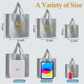 Teling 200 Pcs Thanks Bags with Handle Bulk Thank You Merchandise Bags 3 Size Plastic Packet Retail Shopping Package for Boutique 9 x 12'', 12 x 15'', 15 x 18''(Silver Gray)