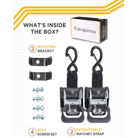 Strapinno 2PCS Retractable Ratchet Straps (1 7/8 in x 4 ft) Heavy Duty Transom Tie Downs for Boat, PWC Trailer - Extra Mounting Brackets & Bolt Set,Safety Latch S-Hook,Break Strength 2,600LBS/1,180KG