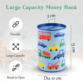 Money Saving Tin Trucks Printed Design Piggy Bank for Kids Boys and Girls, Sealed Slot for Coins and Notes, Safe Summer Home or SchoolSize-15cm