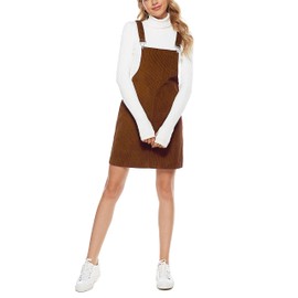 Hooever Women's Cute Corduroy Overall Bib Dress Pinafore Suspender Dress Skirt Jumper（Brown-M）