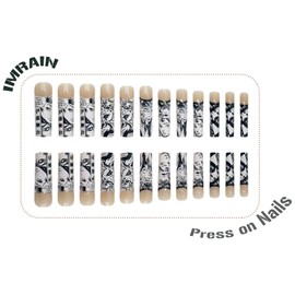IMRAIN Press on Nails Long Square Fake Nails Black White French Tips Nails Glossy Glue on Nails Anime Graffiti Artificial Stick on False Nails Full Cover Gel Acrylic Nails for Women Girls 24Pcs