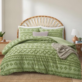 Oli Anderson Sage Green Queen Comforter Set Tufted Bedding Set Queen 3 Pieces, Boho Shabby Chic Comforter with 2 Pillowcases