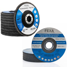 Fexa Cutting Discs Set 125 - Serrated Disc Grit 40/60/80 Set of 5 - 10 x Cutting Disc Flap Discs for Angle Grinder - Blue, Stainless Steel 125 mm
