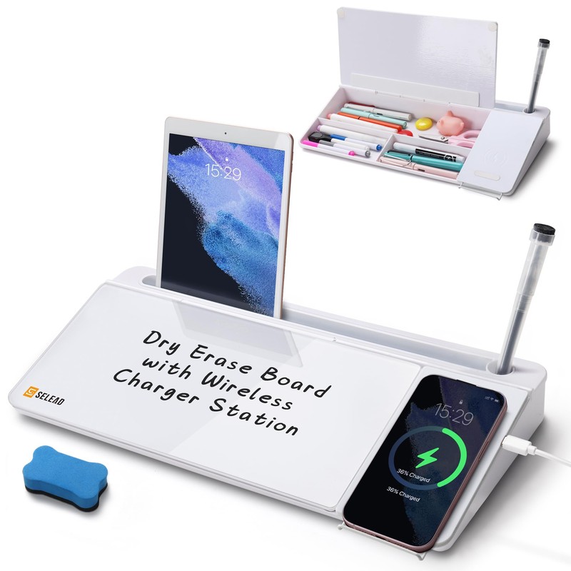 SELEAD Desktop Glass Whiteboard with Wireless Charger Station, Dry Erase