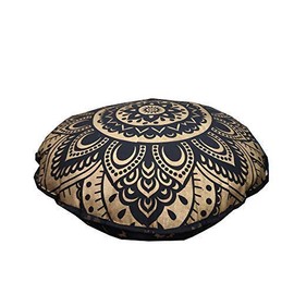 32" Black Gold Mandala Barmeri Large Floor Pillow Cover Cushion Meditation Seating Ottoman Throw Cover Hippie Decorative Zipped Bohemian Pouf Ottoman Poufs, Pom Pom Pillow Cases