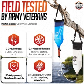 Gravity Water Filtration System – 2 High Capacity Lightweight Hanging Bags for Backpacking, Camping, Survival, Hiking, Hunting - Dirty, Clean Water Bags, Water Filter and Cleaning Plunger Included