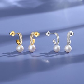 YAMI Round Pearl Earrings, Sterling Silver Hoop Earrings 14K Gold-Plated Cubic Zirconia Open C-Hoop Earrings for Women, 6-7MM Freshwater Cultured Pearl Earrings Jewelry Gifts