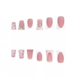 24 Pcs Press on Nails Short Square,YIHONGYAN Pink Fake Nails Press ons French Nail Tip Acrylic Kit Glue on Nails Full Cover Duck Mouth False Nails with Rhinestones Charms Design Stick on Nails Woman
