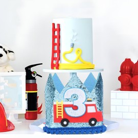 CORNER LACE Fire Truck 3rd Birthday Hat - Third Birthday Glitter Crown Blue, Three Years Old Happy Birthday Party Decorations Supplies Favors Photo Booth Props
