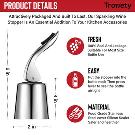 Trovety Wine Bottle Stopper Champagne Saver – Elegant 304 Stainless Steel and Silicone Wine Saver Seals Out Air and Prevents Spills – Reusable, Expandable Bottle Keeper for Reds, Whites, Prosecco