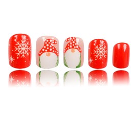 24Pcs Christmas Red Press on Nails Short, Winter Fake Nails Square Xmas Press on Nails Snowflake with Cute Santa Claus Design Matte Christmas Glue on nails for Women