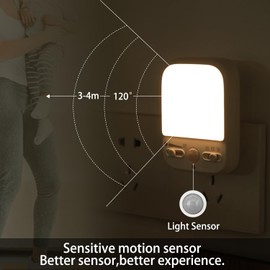 LED Night Light Plug into Walls, Plug-in, Dusk to Dawn Motion Sensor with 4 Lighting Modes, Brightness Adjustable Warm White, Energy Efficient, Ideal Nightlight for Elderly, Baby, Kids (1 Pack)