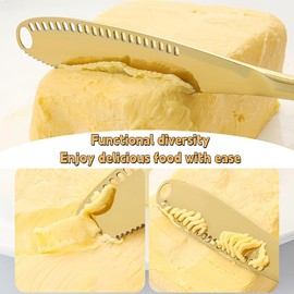 LUCKYLIGHT BUTTER KNIVES SET OF 6 - Premium Stainless Steel Butter Knife Spreader, 3-in-1 Cheese/Butter Spreader Curler with Serrated Edge - Ideal for Butter, Cheese, Jam (GOLD *6 PCS)