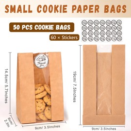 WNSIRVY 50 Pack Cookie Bags with Window, 3.5"x 2.3"x7.5" Kraft Paper Bakery Bags with Stickers for Snack, Cupcake, Popcorn, Coffee Bean, Party Favor, Cookie Packaging