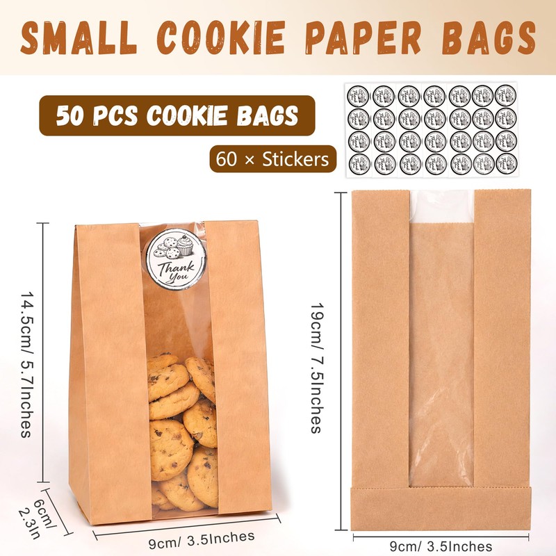 WNSIRVY 50 Pack Cookie Bags with Window, 3.5"x 2.3"x7.5" Kraft