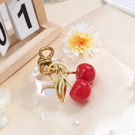 Beljeley Cute Cherry Bag Charm Keychain, Gold Aesthetic Women Purse Accessories for Handbags & Car, Holiday Keyring Gifts