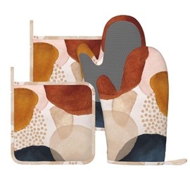 Boho Abstract Minimalist Aesthetic Oven Mitts and Pot Holders Sets, 4pcs Silicone Non-Slip Kitchen Mitts Potholders Heat Resistant BBQ Gloves Hot Pads for Cooking Grilling Baking Chef Gifts