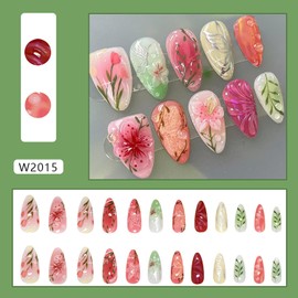 EYZOTSF Press on Almond Nails Medium Length Glossy Full Cover Acrylic Almond Shaped False Nails with Designs Artificial Fake Nail with Charms Glue Stick ons Fingernails for Women Girls(W2015)