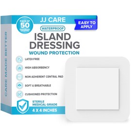 JJ CARE Adhesive Island Dressing [Pack of 50], 4x4 Sterile Bordered Gauze, Breathable Island Wound Dressing, Individually Wrapped Adhesive Gauze Bandages with Non-Stick Central Pad