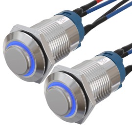 APIELE (Pcs of 2) 12mm Momentary Push Button Switch High Round Head Stainless Steel 1 Normally Open with Ring Led (Blue)