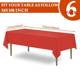 XHDA 6 Pack Red Party Table Cloth 54" x 108", Plastic Table Cloth Wipeable, Rectangular Waterproof Party Tablecloth for Kids Party Birthday Festive Party (Red)
