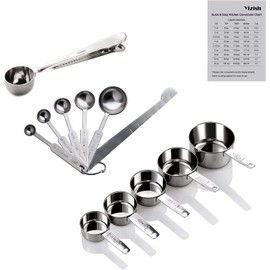 Yizish Edelstahl Messbecher und Löffel mit Messlineal, Scoop mit Clip, Küchenumrechnungstabelle 12er Set für Trockene und Flüssige Zutaten