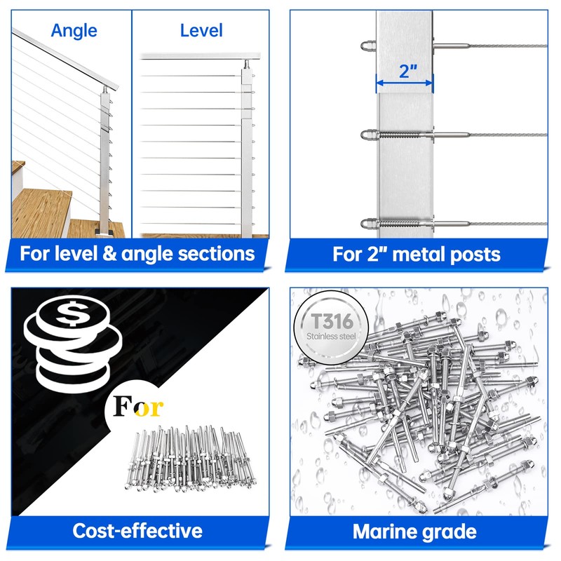 Muzata 60 Pack 1/8" Cable Railing Hardware Kit Hand Swage