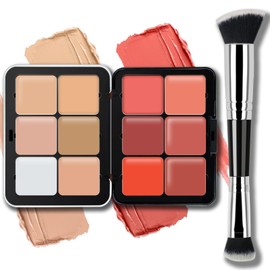 Noerrors 12 Colors Cream Contour Blush Palette, Colour Fix Concealer Foundation Face Sculpting Bronzer Blusher Highlighter Palette Matte Long Wearing Smudge Proof Blendable Makeup with Brush#01