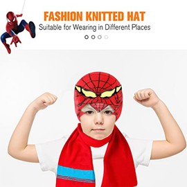 Oneser Spider Beanie Hat Scarf Gloves Set for Kids Winter Knit Beanie Cap Slouchy Knit Cap Warm Winter hat Gloves Red