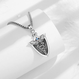 INFUSEU Caduceus Necklace for Women Men Doctor Nurse Jewelry Sterling Silver 925 Shield Pendant Gifts for Medical Graduation