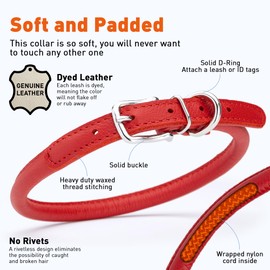 Dogline Soft and Padded Rolled Round Leather Collar for Dogs W3/8" - L16"-19", Red