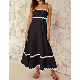 ZESICA Women's 2025 Summer Spaghetti Straps Sleeveless Backless Sundress Flowy Smocked Lace Swing A Line Midi Dress,Black,Medium