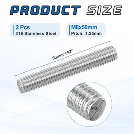 MECCANIXITY 2Pack M8x50mm Fully Threaded Rod, 316 Stainless Steel Right Hand All Thread Screw Studs for Furniture Assembly Fastening, 1.25mm Pitch