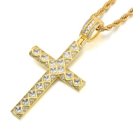 STARCHENIE Men's Cross Necklace Brass Gold Plating Pendant Cubic Zirconia Crucifix Jewelry 24'' Rope Chain-B:Gold