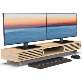 WELL WENG Monitor Stand Riser with Sliding Door, Desk Shelf (Natural Bamboo, 38 Inch)