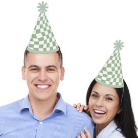 Big Dot of Happiness Sage Green Checkered Party - Cone Happy Birthday Party Hats for Kids and Adults - Set of 8 (Standard Size)