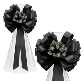 Black Pull Bows with Silver Tulle Tails and Silver Rosebuds - 8" Wide, Set of 6, Wedding Pew Bows, Aisle Decoration, Reception, Anniversary, Mourning, School Dance, Fundraiser, Event Decor