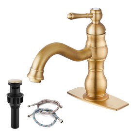 gotonovo Bathroom Sink Faucet 1 Hole Single Handle Lavatory Vanity Faucet 360° Swivel Spout Basin Mixer Tap Matching Pop Up Drain with Overflow, 7.1 Inch Spout Reach, Antique Brass
