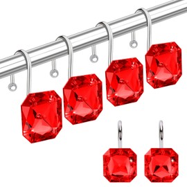 Yapicoco Shower Curtain Hooks Rings for Bathroom, Stainless Steel Rust Resistant Decorative Rhinestones Square Red Shower Hooks Hangers for Shower Curtains, Clothing, Towels, etc.