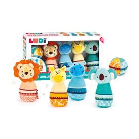 Ludi Fabric Cone - Crawling Toy - Bowling Game - Soft Material - Stable - Quiet - From 10 Months - 1 Ball and 4 Weighted Cones - 1 Lion, 1 Hippo, 1 Koala, 1 Giraffe - 6 x 6 x 14 cm