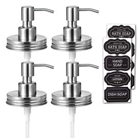 Amolliar Mason Jar Liquid Soap Dispenser Lid, Stainless Steel Pump for 16oz Regular Mouth Jar, Rustic Farmhouse Decor, Kitchen Hand Soap, Dish, Lotion Soap, Brushed Nickel 4 Pack, Extra 2 Long Tubes