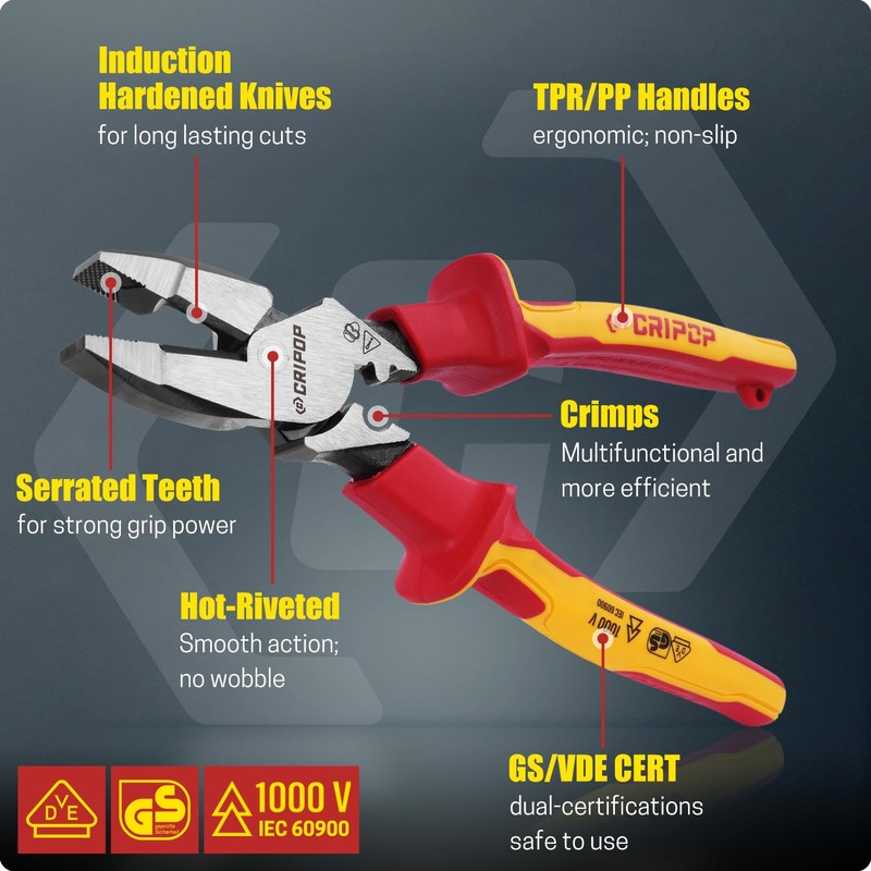 CRIPOP Insulated Linesmen's Pliers with Tool Storage Case, 9 Inch