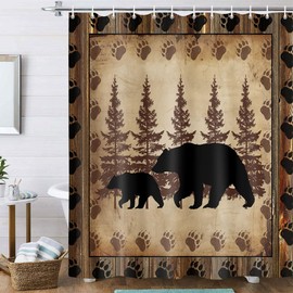 Rustic Cabin Shower Curtain Set, Farmhouse Country Antique Bear Moose Forest Vintage Wood Decor Bath Curtain，Hunting Camping Waterproof Fabric Bathroom Accessories Set with Hooks