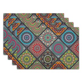 Giwawa Boho Mandala Placemats, Mexican Ethnic Traditional Pattern with Geometric Plaids, Bohemian Flower Washable Linen Table Place Mats Set of 4 for Dining Kitchen Party, 12"x18"