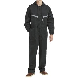 Yukirtiq Mens Work Coveralls Mechanic Hooded Overall Workwear Jumpsuits Long Sleeve Hi Viz Coverall with Zippers, Black, M