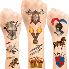 288 Pieces Temporary Knight Tattoos Medieval Castle Medieval Knights Party Favors Decorations Supplies for Kids Boys Adults Knight Costume Cosplay Party (24 Sheets)