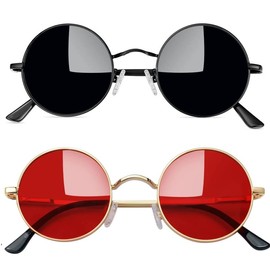Joopin 2 Pack Hippie Round Sunglasses UV400 Protection, Polarized Black Sun Glasses & Non-Polarized Red Shades for Women Men