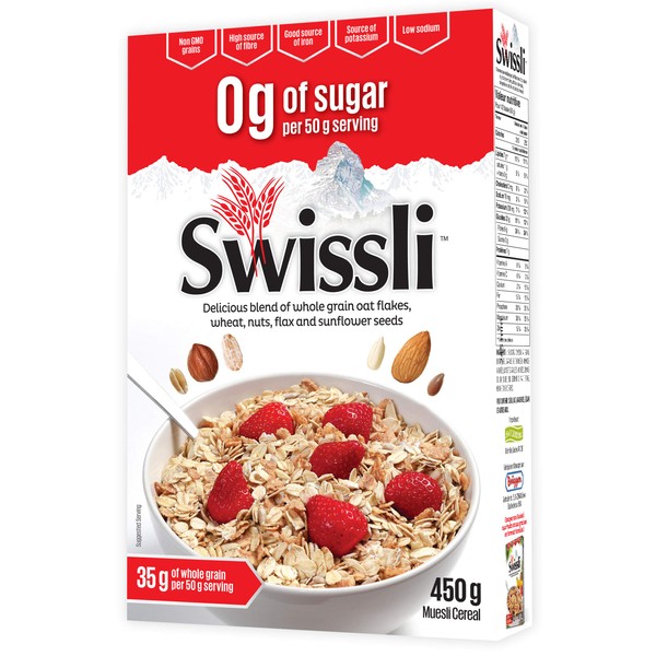 Swissli Muesli 0 g de azúcar por porción de 50 g, 0 g de azúcar, 450 gramos