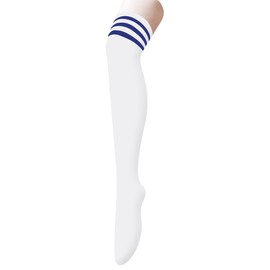 UTTPLL Women-Thigh-Socks-Striped-Colorful-Stockings Athletic Outdoor Compression Long Boot Sock Running Casual Knee High Tightsl White Blue One Size
