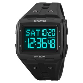 Gosasa Men Digital Watch Rectangle Large Face 5ATM Waterproof Easy to Read Military Watch Multifunctional Sports Watches Alarm Clock LED Digital Double Time Watch (Black Black)